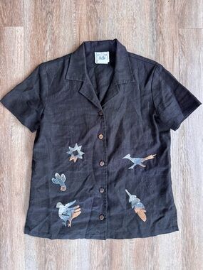 Vintage Kitty’s Closet Linen Short Sleeve Button Down Shirt Southwestern Motifs